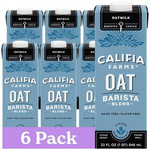 lot 2762 image: Califia Farms - Oat Barista Blend Oat Milk, 32 Oz (Pack of 6), Shelf Stable, Dairy Free, Plant Based, Vegan, Gluten Free, Non GMO, High Calcium, Milk Frother, Creamer, Oatmilk
