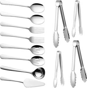 lot 2793 image: OUNONA 12 Pcs Serving Utensils,2 forks  1 Spatula  2 Colanders  2 Spoons  1 Large spoon  2 Large clips  2 Small Clips, Stainless Steel Catering Serving Utensils for Party Buffet Dinner Banquet