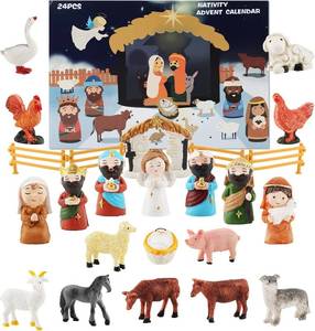 lot 2802 image: Nativity Scene Advent Calendar, 24 Days Countdown Set with Miniature Figures & Animals, Religious Holiday Decor