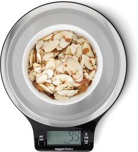 lot 2931 image: Amazon Basics Digital Kitchen Scale with LCD Display, Tare Function, Multiple Units, Weighs up to 11 Pounds, Batteries Included, Black and Stainless Steel