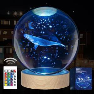 lot 2944 image: 3D Whale in Crystal Ball Night Light - 16 Color Remote Control, Wooden Base LED Lamp for Bedroom Decor, Kids Room, Relaxation Gift