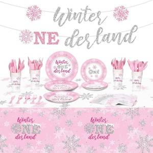 lot 2954 image: Tiamon 172 Pcs Winter Onederland Party Supply, Girls 1st Birthday Banner Pink and Silver Snowflake Tablecloth Winter Snowflake Plate Napkin Cup Tableware Set for Girl First Birthday Party Supply Decor