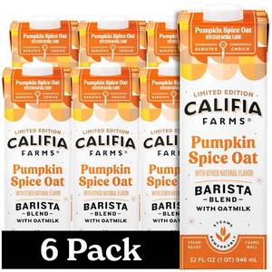 lot 2959 image: Califia Farms - Pumpkin Spice Oat Barista Blend Oat Milk, 32 Oz (Pack of 6), Shelf Stable, Dairy Free, Plant Based, Vegan, Gluten Free, Non GMO, High Calcium, Milk Frother, Creamer, Oatmilk