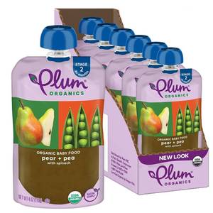 lot 2960 image: Plum Organics Stage 2 Organic Baby Food - Pear  Pea with Spinach - 4 oz Pouch (Pack of 6) - Organic Fruit and Vegetable Baby Food Pouch