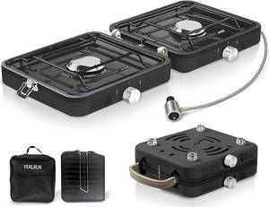 lot 2966 image: Propane 2 Burner Camping Stove with Griddle and Carrying Bag, Portable Propane Camp Stove with 2 Adjustable Burners & Piezo Ignition, for Camping Tailgating Essentials Gear