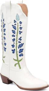 lot 2976 image: Cowboy Boots For Women, Cute Bluebonnet White Cowgirl Boots Floral Embroidered Knee High Country Boots Pointed Toe Chunky Heel Wide Calf Mid Calf Cowboy Boots SIZE 36