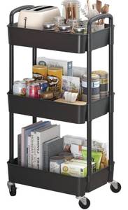 lot 27504 image: Sywhitta 3-Tier Plastic Rolling Utility Cart with Handle, Multi-Functional Storage Trolley for Office, Living Room, Kitchen, Movable Storage Organizer with Wheels, Black