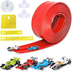 lot 3065 image: 15 Ft Flexible Race Car Track, Portable Dual Sided Racetrack with 4 Car & Suction Cups, Compatible with Hot Wheels & 164 Diecast Cars, Classic Long Rolls Up Race Track for Boys Girls (Light red)
