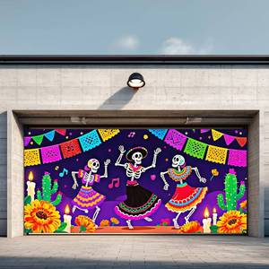 lot 3078 image: IVN Day of the Dead Garage Door Banner 13x6ft Dancing Skeletons Marigolds Papel Picado Cactus Music Notes Halloween Dia de los Muertos Outdoor Indoor Decoration for Porch or Party