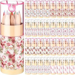 lot 3160 image: Fumete 32 Pack Christmas Pink Pencils Mini Drawing Colored Pencils Gifts Cute Santa Coloring Pencil with Sharpener in Tube Christmas Gifts for Students Classroom Reward