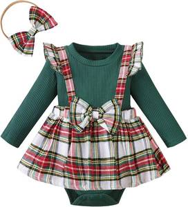 lot 3174 image: Baby Girl Clothes Sets 2 Piece Long Sleeve Top Plaid Romper with Headband Fall Winter Outfit for Infant 9-12 Months
