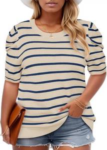 lot 3186 image: Beautife Womens Plus Size Short Puff Sleeve Sweater Tops Lightweight Striped T Shirts Summer Casual Crew Neck Knit Pullover Size XL