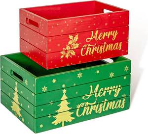 lot 3193 image: Red Co. Set of 2 Red and Green Decorative Nesting Wooden Merry Christmas Storage Crate Organizers with Golden Lettering