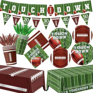 lot 3216 image: Football Party Decorations, Football Plates Napkins Tablecloth Banner Touch Down Football Party Supplies Kit for Football Game Day Tailgate Party, Football Birthday Party Decorations, Serve 25
