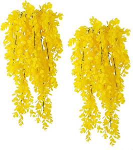 lot 3223 image: RECUTMS 4 Pack Artificial Hanging Plants Fake Eucalyptus Leaf Greenery Vine Plant UV Resistant Plastic Wall Decor for Ivy Patio Office Shelf Wedding (Pure Yellow)