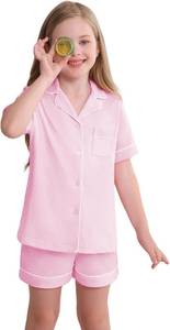 lot 3228 image: Veseacky Big Girls Summer Pajamas Set-100% Cotton Loungewear Cute Nighty Short Sleeve and Pant Sleepwear Light Pink 10-11 Years