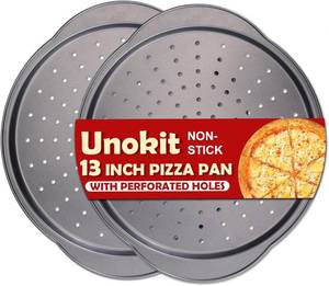 lot 3229 image: Unokit Pizza Pan for Oven - 13 2PCS Round Carbon Steel Pizza Pan, Non-Stick Pizza Tray with Perforated Holes and Grip Handles, Dishwasher Safe, Grey