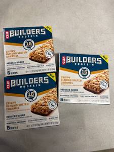 lot 3242 image: 3 Boxes of CLIF BUILDERS Protein Bars Crispy Almond Salted Caramel, Reduced Sugar, Gluten Free, 6cteach