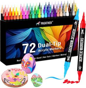 lot 3245 image: 72 Colors Acrylic Paint Markers, Dual Tip with Fine Tip and Brush Tip Pens for Stone, Wood, Calligraphy, Canvas, Ceramic, Metal, Glass, Rock Painting, DIY Crafts