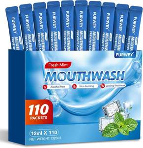 lot 3327 image: Mouthwash, Portable Adult Travel Mouthwash,Free of Alcohol and Fluoride,Help Kill of Bad Breath Germs, Prevents Cavities, Fresh Mint,Disposable Packs (Pack of 110)