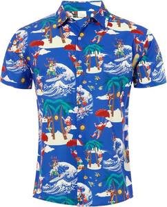 lot 3339 image: uideazone Men Ugly Christmas Hawaiian Shirt Santa Claus Party Aloha Beach Shirt Navy Blue 3XL
