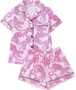 lot 3365 image: Womens 2 Piece Leopard Pajama Set Animal Short Sleeve Button Down Pj Shorts Set Size Large