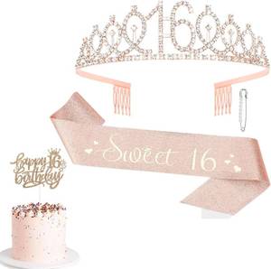 lot 3367 image: CAVETEE Birthday Decorations for Women, Rose Gold Party Decorations Kit Including Crown and Sash, Happy Birthday Banner and Cake Topper for Women and Girls Party (16th)