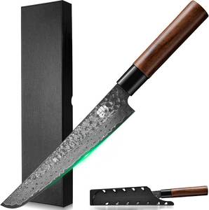 lot 3368 image: FULLHI Damascus Steel Japanese Knife with Sheath, Forged Hammered Blade Wood Handle Gyutou Filleting Chef Kitchen Knife with Box for Cooking, Camping BBQ