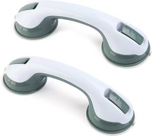 lot 3390 image: 2PCS Shower Handle Grab Bars Bathroom and Showers Bars Safety with Locking latches for Handicap, Elderly, Injury, Kid, Senior Assist Bath Handle Suction Bar Handles, Non Skid (White and Green)