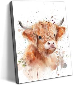 lot 3407 image: Watercolor Highland Cow Art Print Decor Farm Animal Painting Wall Art Abstract Cattle Artwork for Bedroom Bathroom Living Room Nursery Playroom Kids Room Decoration 12x16in Animal Lover Gift Framed