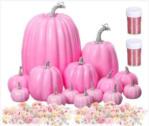 lot 3582 image: Zubebe Fall Decor 14 Pcs Assorted Sizes Artificial Pumpkins 100 Silk Flower Heads Faux Foam Pumpkins For Gifts Wedding Bridal Baby Shower Thanksgiving Table Centerpiece Mantel Shelf(Pink)