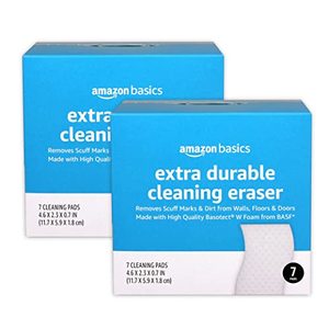 lot 3585 image: Amazon Basics Extra Durable Eraser Cleaning Sponges Removes Scruff Marks and Dirt from Any Surface (2 Packs of 7)
