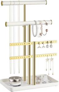 lot 3608 image: pickpiff Jewelry Holder Organizer with Velvet, Adjustable 10-17 Tall, Metal Stand for Display Bracelet, Necklace, Earrings, Rings, White and Gold