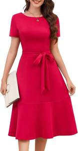Bbonlinedress Womens Short Sleeve Wedding Guest Dresses Cocktail Vintage Party Church Formal A-Line Midi Dress with Belt Size XL