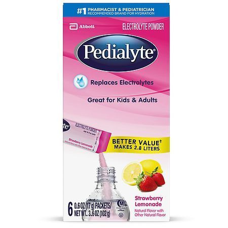 lot 4403 image: Pedialyte Electrolyte Powder Packets, Strawberry Lemonade, Hydration Drink, 6 Single-Serving Powder Packets (B00URXQOXM) 612025