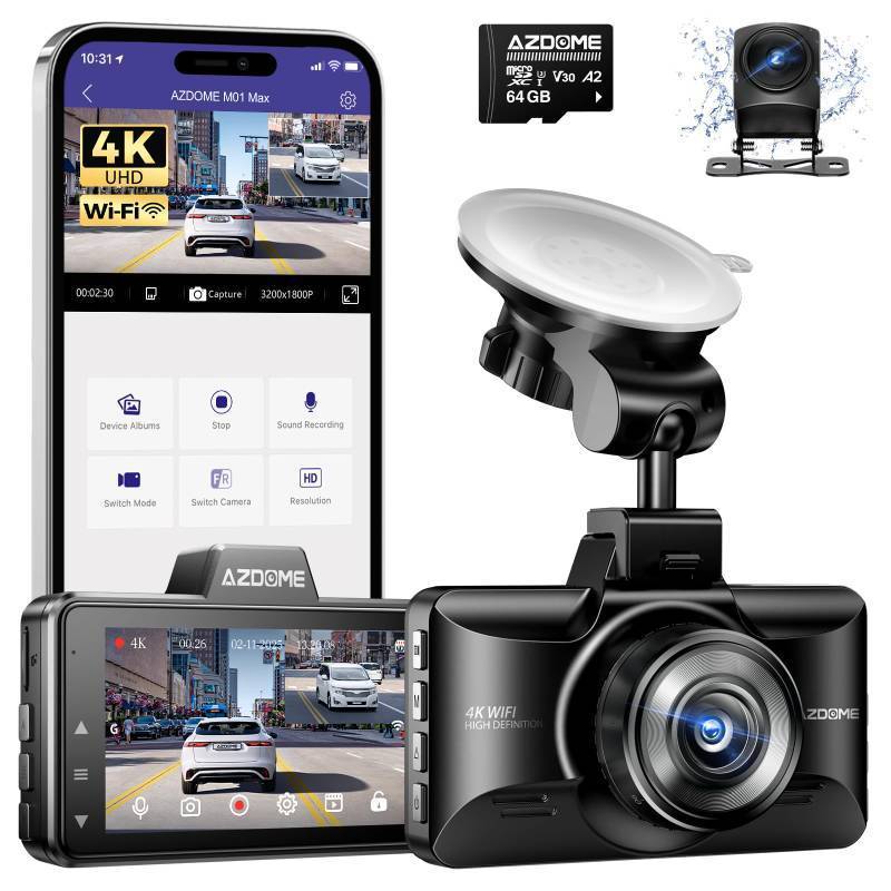 lot 4518 image: AZDOME M01 Max UHD 4K Dash Cam Front and Rear, Built-in Wi-Fi, Free 64GB Card, App Control, 4K1080 Dash Camera for Car, Built-in ADAS, G-Sensor, IP68 Waterproof, 24H Parking Mode Dashcam