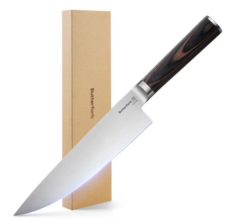 lot 4754 image: JF Mark Japanese Chef Knife 8 Inch - High Carbon Stainless Steel Knife, Ergonomic Wood Handle - Ultra Sharp Knife for Chopping, Slicing, Dicing and Mincing - Professional Kitchen Knife in a Gift Box