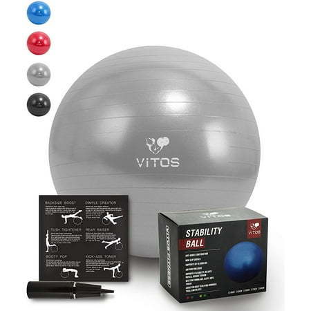 lot 4969 image: Vitos Fitness Anti Burst Stability Ball Extra Thick Non Slip Supports 2200LB for Fitness Exercise Birth Balance Yoga Workout Guide & Quick Pump Included Professional Quality Design (Silver  75 cm)