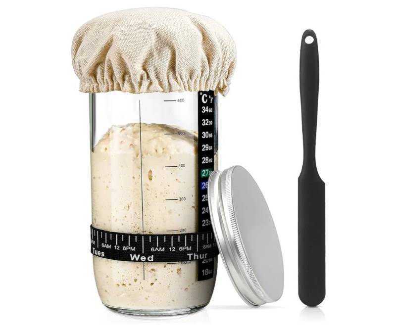 lot 4982 image: Sourdough Bread Baking Supplies,24 oz Sourdough Starter Jar Glass, Sourdough Starter Kit with Date Marked Feeding Band, Thermometer, Silicone Scraper, Sewn Cloth Cover & Aluminum Lid, Sourdough Jar