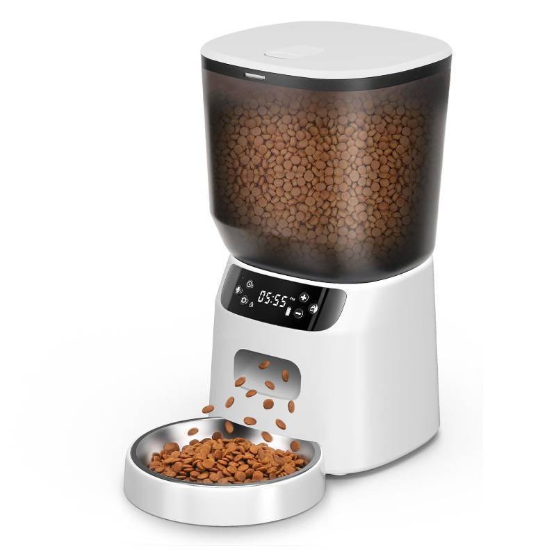 lot 7218 image: Automatic Cat Feeder, Cat Food Dispenser with Stainless Steel Bowl, Timed Portion Control 20 Portions 6 Meals Per Day, Voice Recorder, Dual Power Supply for Small Dogs (White)