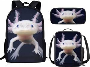 lot 3911 image: AmzPrint Axolotl Animal Print Bookbag With Lunchbox For Girls American Children Back To School Gift 3pcs Backpack Set