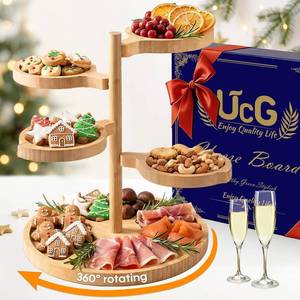 lot 3930 image: Tiered Charcuterie Board Gift for Women Bamboo 360  Rotating Round Base with 4 Swivel Trays - White Elephant Gift Valentine Holiday Hosting Christmas Birthday Parties House Warming Gift for Couples