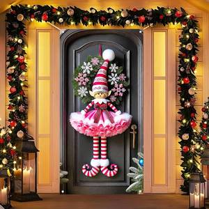 lot 3948 image: Pink Elf Girl Door Cover 71x35 Inch Christmas Banner for Front Door Outdoor Indoor Decoration Holiday Background with Striped Hat Skirt Snowflake Curls Shoes Red Bow Decoration
