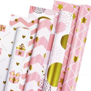 lot 3953 image: MAMUNU Pink and Gold Wrapping Paper Rolls, Birthday Gift Wrapping Paper for Kids Girls Women, Pink Gift Wrap Paper for Birthday Baby Shower Wedding Mothers Day, 4 Mini Rolls - 17   118 Inch Per Roll