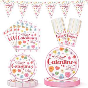lot 3956 image: Qinyoung 25 Set Galentines Day Party Decoration Conversation Candy Heart Tableware Set Conversation Heart Disposable Paper Plates Napkins and Cups Happy Galentines Banner for Valentines Party Supplies