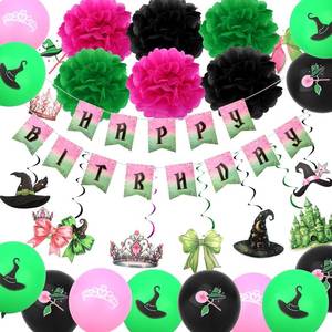 lot 6011 image: CAVETEE Pink and Green Party Decorations Set Witch and Princess Happy Birthday Balloons, Pom Poms, Happy Birthday Banner, Hanging Swirls for Birthday Party