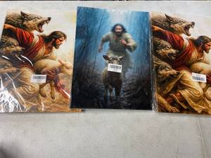 lot 6036 image: 3 Pieces Biblical Saving the Lamb Wall Art 16x12