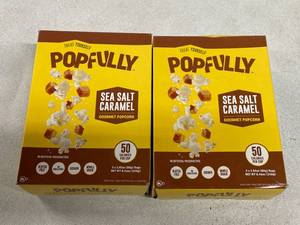 lot 2166 image: TWO BOXES - POPFULLY Sea Salt Caramel Popcorn Fully Pops, Sharing Bags, Sweet &amp Salty, Big Pop, Micro Popcorn Bags, 3-Pack