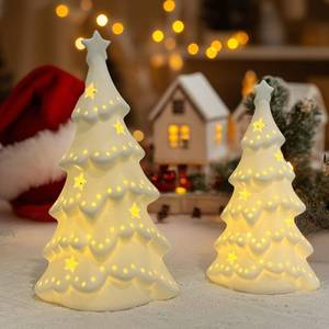 lot 2223 image: 2 PCS White Ceramic Christmas Tree with Lights Ceramic Christmas Trees That Light Up for Tabletop Decor, Frosted Xmas Tree Set Elegant Christmas Tree for Home, Gift & Winter Village (7.68 & 6.3)