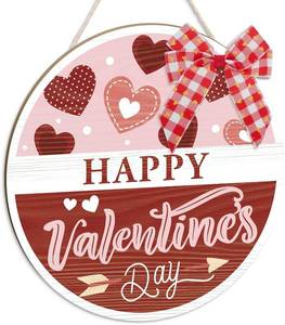 lot 2287 image: Putuo Decor Happy Valentines Day Sign, Round Valentine Hanging Wreath with Ribbon Bow for Front Door Porch Farmhouse Welcome Door Hanger 12 12in